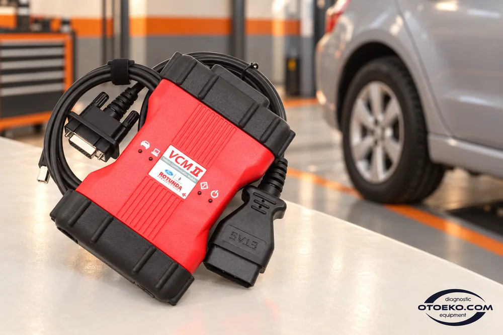 Ford VCM II مع كابلي USB وDLC استعداداً لفحوص ما بعد الصيانة.